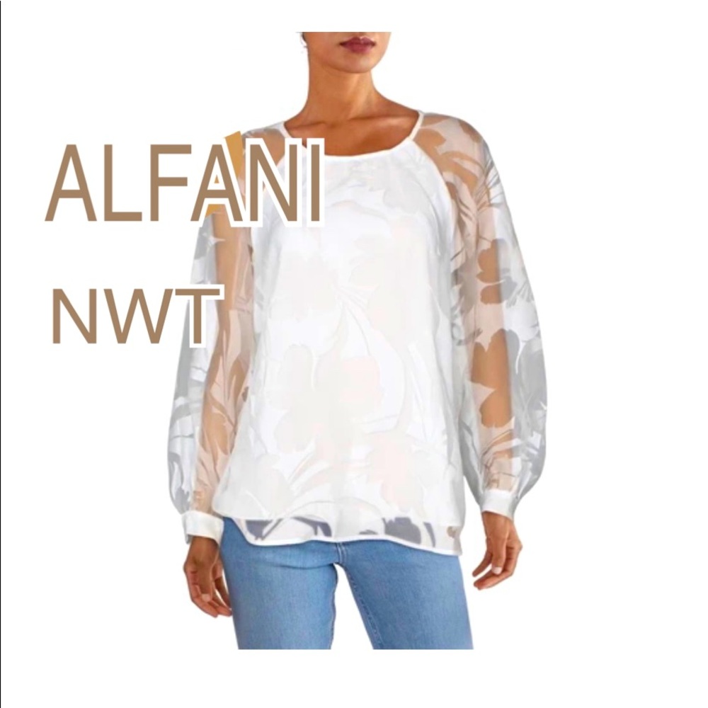NWT S ALFANI white layered elegant blouse transparent long sleeve oversized fit